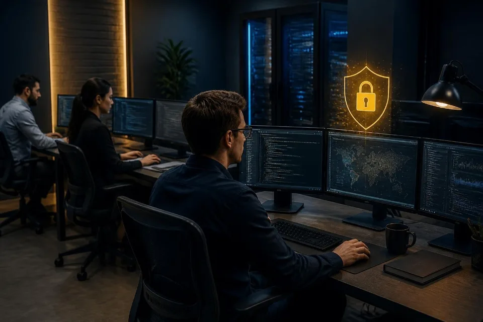 Mitarbeiter im IT-Büro mit Schutzsymbol