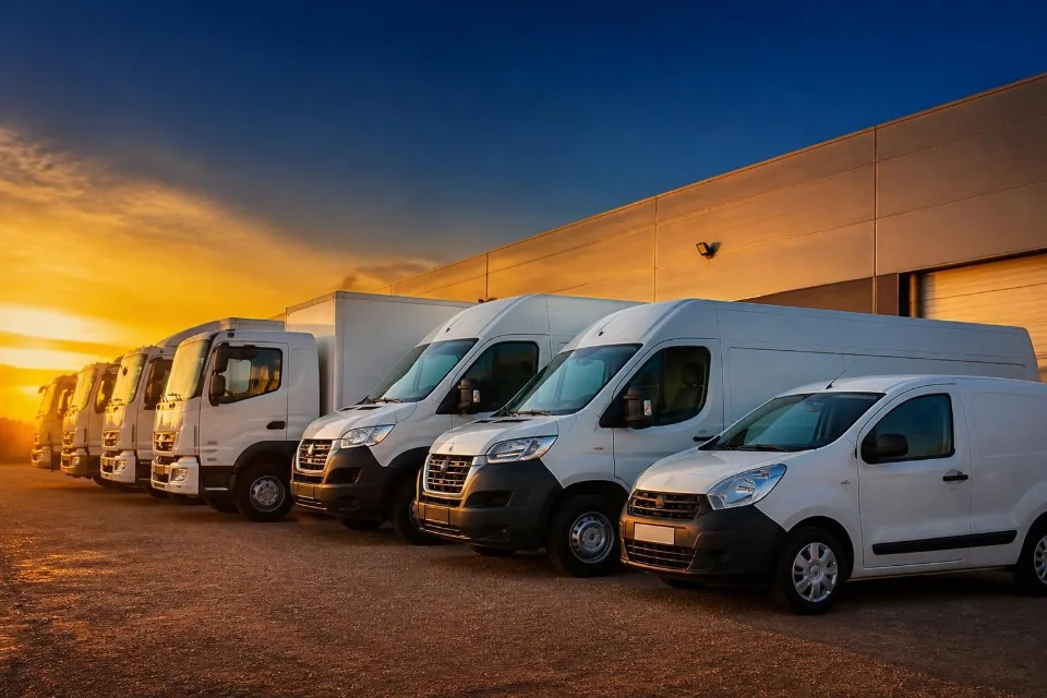 Flotte weißer Transporter am Firmenhof