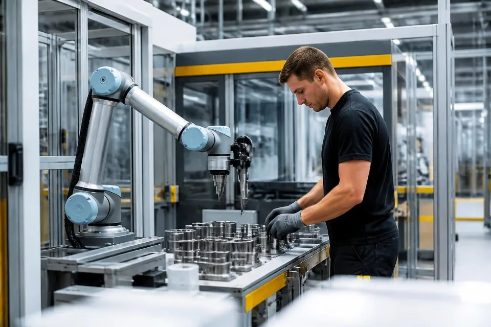 Kollaborativer Roboterarm arbeitet neben einem Mitarbeiter in der Fertigung